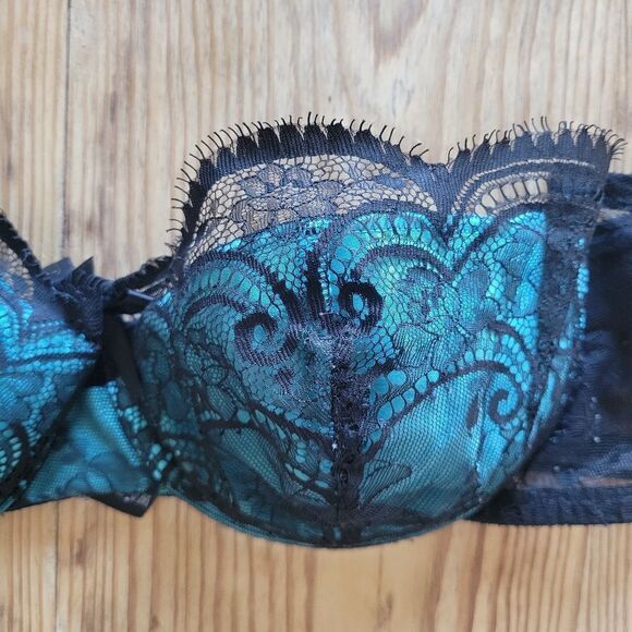 M&S Strapless Balconette Teal and Black Lace Bra - Picture 3 of 10